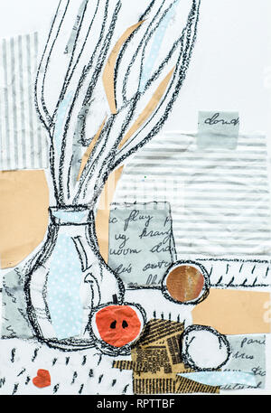 Stillleben mit Kohle auf weißem Papier mit Elementen der Collage gemalt. Niederlassung in Gewicht mit goldenen Apfel. Stockfoto