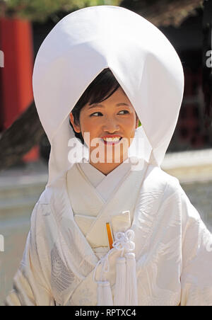 Shinto Braut in traditionellen uchitake Brokatartige weisse Hochzeit Kimono mit tsunokakushi Kopfstück an sumiyoshi Shinto Schrein in Fukuoka, Japan. Stockfoto