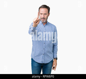 Stattliche mittleren Alter elegante älterer Mann über isolierte Hintergrund zeigt mit dem Finger auf und verärgerten Ausdruck Stockfoto