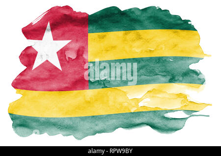 Togo Fahne ist in flüssiger Aquarell Stil auf weißem Hintergrund dargestellt. Unvorsichtige Farbe Beschattung mit Bild der nationalen Flagge. Tag der Unabhängigkeit b Stockfoto