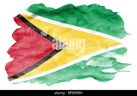 Guyana Flagge ist in flüssiger Aquarell Stil auf weißem Hintergrund dargestellt. Unvorsichtige Farbe Beschattung mit Bild der nationalen Flagge. Tag der Unabhängigkeit Stockfoto