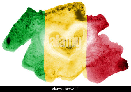 Mali Flagge ist in flüssiger Aquarell Stil auf weißem Hintergrund dargestellt. Unvorsichtige Farbe Beschattung mit Bild der nationalen Flagge. Tag der Unabhängigkeit b Stockfoto