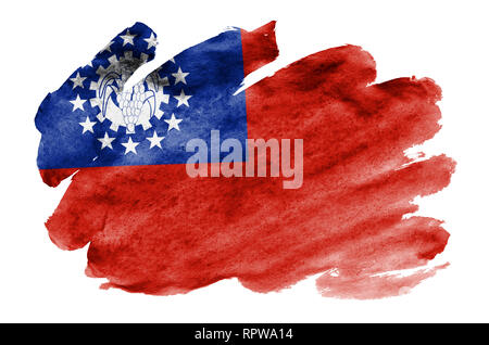 Myanmar Flagge ist in flüssiger Aquarell Stil auf weißem Hintergrund dargestellt. Unvorsichtige Farbe Beschattung mit Bild der nationalen Flagge. Unabhängigkeit Da Stockfoto