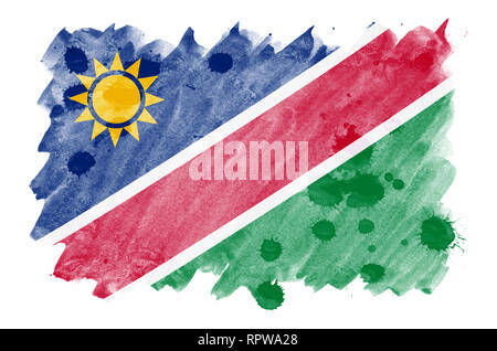 Namibia Flagge ist in flüssiger Aquarell Stil auf weißem Hintergrund dargestellt. Unvorsichtige Farbe Beschattung mit Bild der nationalen Flagge. Unabhängigkeit Da Stockfoto