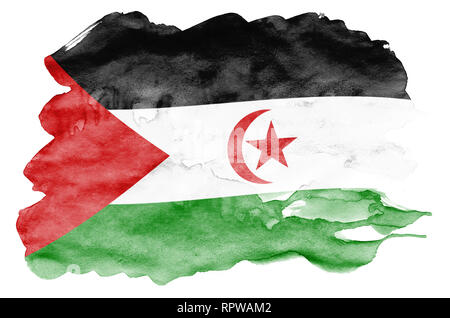 Westsahara Flagge ist in flüssiger Aquarell Stil auf weißem Hintergrund dargestellt. Unvorsichtige Farbe Beschattung mit Bild der nationalen Flagge. Unab Stockfoto