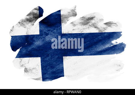 Finnland Flagge ist in flüssiger Aquarell Stil auf weißem Hintergrund dargestellt. Unvorsichtige Farbe Beschattung mit Bild der nationalen Flagge. Unabhängigkeit Da Stockfoto