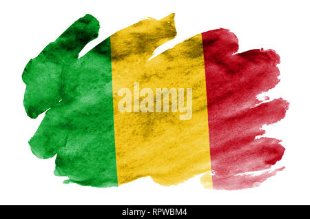 Mali Flagge ist in flüssiger Aquarell Stil auf weißem Hintergrund dargestellt. Unvorsichtige Farbe Beschattung mit Bild der nationalen Flagge. Tag der Unabhängigkeit b Stockfoto