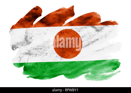 Niger Fahne ist in flüssiger Aquarell Stil auf weißem Hintergrund dargestellt. Unvorsichtige Farbe Beschattung mit Bild der nationalen Flagge. Tag der Unabhängigkeit Stockfoto