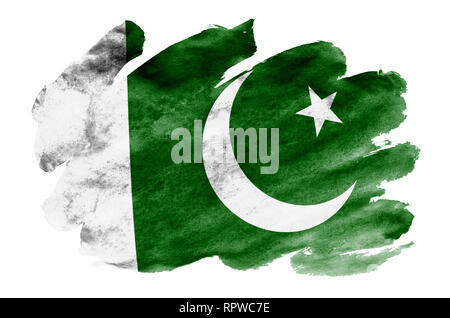 Pakistan Fahne ist in flüssiger Aquarell Stil auf weißem Hintergrund dargestellt. Unvorsichtige Farbe Beschattung mit Bild der nationalen Flagge. Unabhängigkeit D Stockfoto