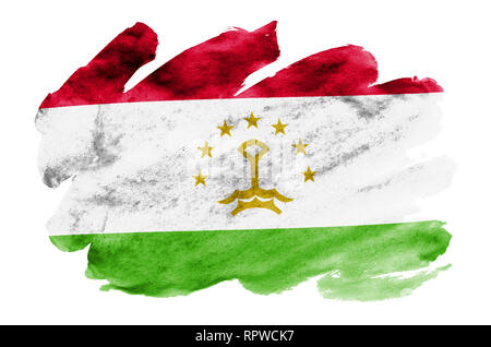 Tadschikistan Fahne ist in flüssiger Aquarell Stil auf weißem Hintergrund dargestellt. Unvorsichtige Farbe Beschattung mit Bild der nationalen Flagge. Unabhängigkeit Stockfoto