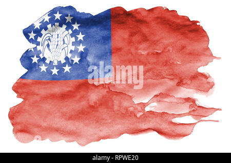 Myanmar Flagge ist in flüssiger Aquarell Stil auf weißem Hintergrund dargestellt. Unvorsichtige Farbe Beschattung mit Bild der nationalen Flagge. Unabhängigkeit Da Stockfoto