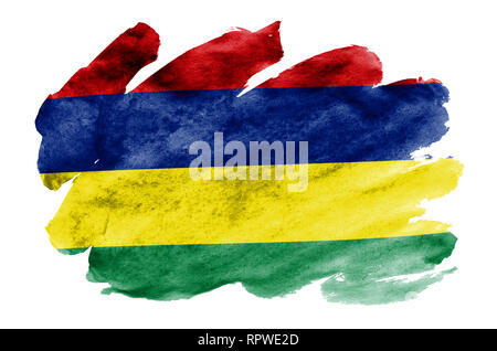 Mauritius Flagge ist in flüssiger Aquarell Stil auf weißem Hintergrund dargestellt. Unvorsichtige Farbe Beschattung mit Bild der nationalen Flagge. Unabhängigkeit Stockfoto