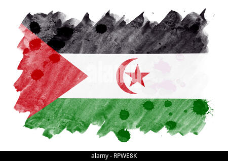 Westsahara Flagge ist in flüssiger Aquarell Stil auf weißem Hintergrund dargestellt. Unvorsichtige Farbe Beschattung mit Bild der nationalen Flagge. Unab Stockfoto