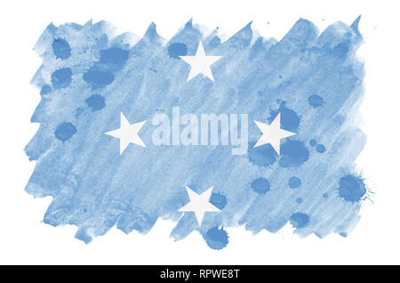 Mikronesien Flagge ist in flüssiger Aquarell Stil auf weißem Hintergrund dargestellt. Unvorsichtige Farbe Beschattung mit Bild der nationalen Flagge. Unabhängigkeit Stockfoto