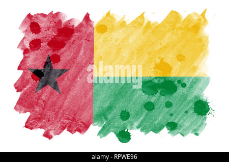 Guinea Bissau Flagge ist in flüssiger Aquarell Stil auf weißem Hintergrund dargestellt. Unvorsichtige Farbe Beschattung mit Bild der nationalen Flagge. Independe Stockfoto
