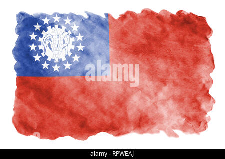 Myanmar Flagge ist in flüssiger Aquarell Stil auf weißem Hintergrund dargestellt. Unvorsichtige Farbe Beschattung mit Bild der nationalen Flagge. Unabhängigkeit Da Stockfoto