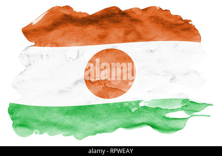 Niger Fahne ist in flüssiger Aquarell Stil auf weißem Hintergrund dargestellt. Unvorsichtige Farbe Beschattung mit Bild der nationalen Flagge. Tag der Unabhängigkeit Stockfoto