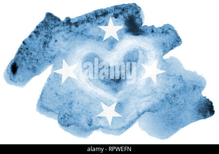Mikronesien Flagge ist in flüssiger Aquarell Stil auf weißem Hintergrund dargestellt. Unvorsichtige Farbe Beschattung mit Bild der nationalen Flagge. Unabhängigkeit Stockfoto