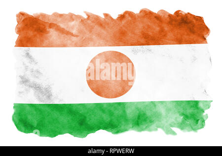 Niger Fahne ist in flüssiger Aquarell Stil auf weißem Hintergrund dargestellt. Unvorsichtige Farbe Beschattung mit Bild der nationalen Flagge. Tag der Unabhängigkeit Stockfoto