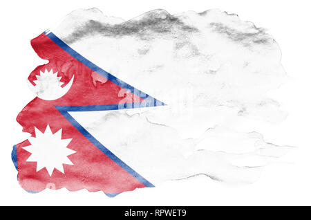 Nepal Fahne ist in flüssiger Aquarell Stil auf weißem Hintergrund dargestellt. Unvorsichtige Farbe Beschattung mit Bild der nationalen Flagge. Tag der Unabhängigkeit Stockfoto