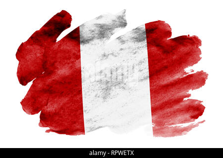 Peru Flagge ist in flüssiger Aquarell Stil auf weißem Hintergrund dargestellt. Unvorsichtige Farbe Beschattung mit Bild der nationalen Flagge. Tag der Unabhängigkeit b Stockfoto