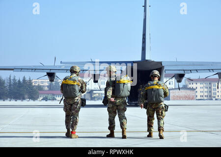 Us-Armee Jumpmasters Fallschirmjäger auf die 173Rd Airborne Brigade zugeordnet, bereiten Sie ein US Air Force C-130 Hercules an Bord von der 86th Air Wing an Aviano Air Base, in der Vorbereitung für Airborne Operations auf Julia Drop Zone, Pordenone, Italien Feb 21, 2019. Die 173Rd Airborne Brigade ist der US-Armee Contingency Response Force in Europa, die in der Projektion bereit Kräfte überall in den USA in Europa, Afrika oder Verantwortungsbereich Zentrale Befehle". (U.S. Armee Foto von Paolo Bovo) Stockfoto