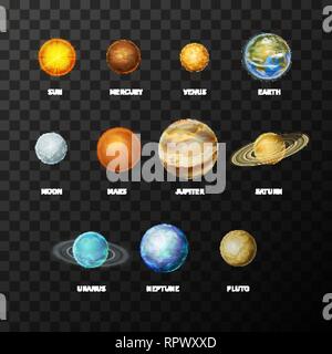 Satz von hellen realistischen Planeten im Sonnensystem wie Merkur, Venus, Erde, Mars, Jupiter, Saturn, Uranus, Neptun und Pluto, einschließlich Sonne und Mond o Stock Vektor