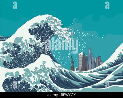 Vintage japanische Gravur style große Welle aus New York City Vector Illustration Stock Vektor