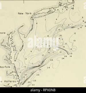 . Airborne Strahlungsthermometer Messungen von Cape Cod, Massachusetts nach Miami, Florida, Juli 1970 - Juni 1976. Die Temperatur der Ozeane - Atlantikküste (U. S.). lOOfms 40''N Cape HatterasK/i, • siC^ 17 18 25-22 35' 30° Zb'N 80" W75°70° W monatliche Oberfläche isotherme Chart, 29, 30 April-2 Mai 1975 Abbildung 59. 63. Bitte beachten Sie, dass diese Bilder sind von der gescannten Seite Bilder, die digital für die Lesbarkeit verbessert haben mögen - Färbung und Aussehen dieser Abbildungen können nicht perfekt dem Original ähneln. extrahiert. Fried, J. W; Reed, J. C. Washington, D.C.: United States Coast Stockfoto