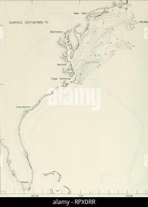 . Airborne Strahlungsthermometer Messungen von Cape Cod, Massachusetts nach Miami, Florida, Juli 1970 - Juni 1976. Die Temperatur der Ozeane - Atlantikküste (U. S.). Oberfläche ISOTHERMEN -°C Baltimore.-:... Ecw TCW Abbildung 54. Monatliche Oberfläche isotherme Chart, 19, 22, 23 November 1974 58. Bitte beachten Sie, dass diese Bilder sind von der gescannten Seite Bilder, die digital für die Lesbarkeit verbessert haben mögen - Färbung und Aussehen dieser Abbildungen können nicht perfekt dem Original ähneln. extrahiert. Fried, J. W; Reed, J. C. Washington, D.C.: United States Coast Guard, ozeanographischen Einheit Stockfoto