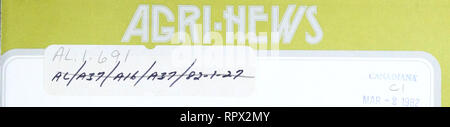 . Agri-news. Die Landwirtschaft. 27. JANUAR 1982 ZUR SOFORTIGEN VERÖFFENTLICHUNG DIESER WOCHE tiermedizinischen Forschung Bewilligung hilft, Alberta Rinder 1 eine kritische Zeit für Rindfleisch Kühe 2 Computerprogramme zur Verfügung zu Alberta Landwirte 7 Ulmensterben Situation in Alberta 8 Quellen der Farm Business Credit 10 Lebensmittelindustrie Konferenz 11 Unkrautbekämpfung 1982 12 Halten Sie die Farm in der Familie 13 Kreuzung Seminar an der Provost 14 -unterregion Bodenfruchtbarkeit Seminar 15 Molkerei Termine 16 Ahena LANDWIRTSCHAFT COMMUNICATIONS DIVISION. Bitte beachten Sie, dass diese Bilder aus gescannten Seite Bilder, digitale wurden extrahiert werden Stockfoto