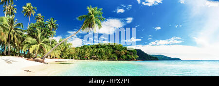 Panorama Sandstrand tropischen Strand mit Silhouette Kokospalme in kristallklarem Wasser Wasser und Landschaft Holzsteg aus der Horizont Stockfoto