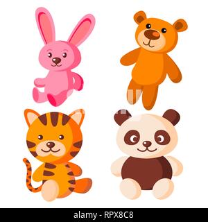 Kinder Stofftiere Vektor. Bär, Tiger, Hase, Panda. Isolierte flache Cartoon Illustration Stock Vektor