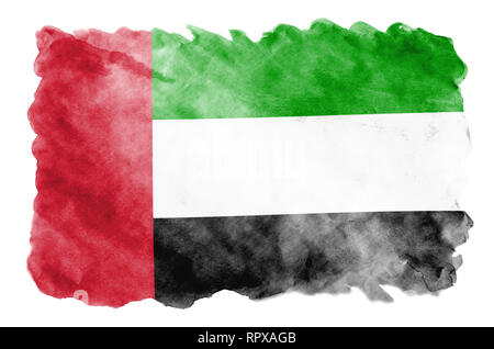 Flagge der Vereinigten Arabischen Emirate ist in flüssiger Aquarell Stil auf weißem Hintergrund dargestellt. Unvorsichtige Farbe Beschattung mit Bild der nationalen Flagge. In Stockfoto