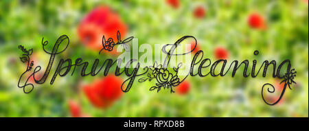 Englisch Kalligraphie Frühjahrsputz. Roter Mohn Blumenwiese. Sonnige Frühling Grußkarte Stockfoto