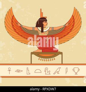 Die ägyptische Göttin Isis und Satz von Ägypten Hieroglyphen. Animation Porträt der schönen ägyptischen Frau. Vector Illustration isoliert auf Hintergrund Stock Vektor