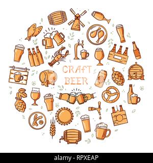 Runde Hand - eine große Anzahl von bunten Icons zum Thema Bier gezeichnet, ihre Herstellung und Verwendung im Vektorformat mit einem Platz für den Text. Handwerk Bier Stock Vektor