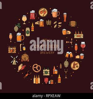 Rundschreiben und eine Vielzahl von bunten Icons zum Thema Bier. Stock Vektor