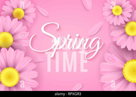 Realistische pink daisy flowers. Feder saisonale stilvolle moderne Abdeckung für Ihr Projekt. Ökologische Zusammensetzung. Fliegen Blütenblätter. Frühling. Vektor illust Stock Vektor