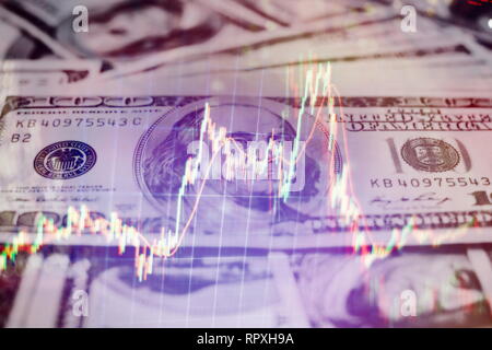 Forex leuchtende Grafiken in verschiedenen Farben übersicht Finanzmarkt Situation auf abstrakte digitale Hintergrund. Stockfoto