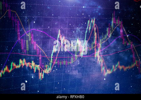 Forex leuchtende Grafiken in verschiedenen Farben übersicht Finanzmarkt Situation auf abstrakte digitale Hintergrund. Stockfoto