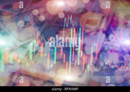 Forex leuchtende Grafiken in verschiedenen Farben übersicht Finanzmarkt Situation auf abstrakte digitale Hintergrund. Stockfoto