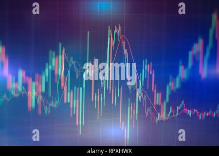 Forex leuchtende Grafiken in verschiedenen Farben übersicht Finanzmarkt Situation auf abstrakte digitale Hintergrund. Stockfoto