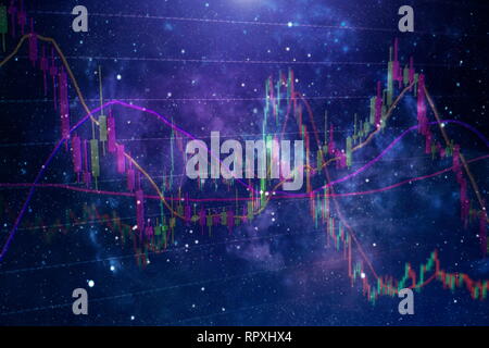 Forex leuchtende Grafiken in verschiedenen Farben übersicht Finanzmarkt Situation auf abstrakte digitale Hintergrund. Stockfoto