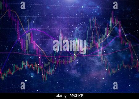 Forex leuchtende Grafiken in verschiedenen Farben übersicht Finanzmarkt Situation auf abstrakte digitale Hintergrund. Stockfoto