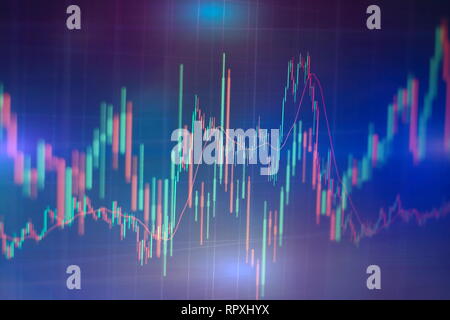 Forex leuchtende Grafiken in verschiedenen Farben übersicht Finanzmarkt Situation auf abstrakte digitale Hintergrund. Stockfoto