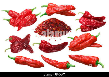 Aleppo Paprika (Capsicum annuum), frisch Überreifen ganze Schoten, getrocknet, zerkleinert Stockfoto