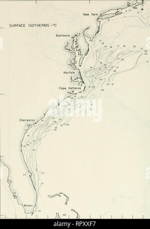 . Airborne Strahlungsthermometer Messungen von Cape Cod, Massachusetts nach Miami, Florida, Juli 1970 - Juni 1976. Die Temperatur der Ozeane - Atlantikküste (U. S.). Oberfläche ISOTHERMEN -°C Baltimore. II JOOfms Abbildung 42. Ecw 75 "Monatliche Oberfläche isotherme Chart, 12.-16. November 1973 TCW 46. Bitte beachten Sie, dass diese Bilder sind von der gescannten Seite Bilder, die digital für die Lesbarkeit verbessert haben mögen - Färbung und Aussehen dieser Abbildungen können nicht perfekt dem Original ähneln. extrahiert. Fried, J. W; Reed, J. C. Washington, D.C.: United States Coast Guard, ozeanographischen Einheit Stockfoto