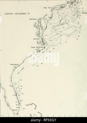 . Airborne Strahlungsthermometer Messungen von Cape Cod, Massachusetts nach Miami, Florida, Juli 1970 - Juni 1976. Die Temperatur der Ozeane - Atlantikküste (U. S.). Oberfläche ISOTHERMEN -°C Baltimore. Abbildung 38. Monatliche Oberfläche isotherme Chart, 17-19, 21. Juli 1973 Eibe 42. Bitte beachten Sie, dass diese Bilder sind von der gescannten Seite Bilder, die digital für die Lesbarkeit verbessert haben mögen - Färbung und Aussehen dieser Abbildungen können nicht perfekt dem Original ähneln. extrahiert. Fried, J. W; Reed, J. C. Washington, D.C.: United States Coast Guard, ozeanographischen Einheit Stockfoto