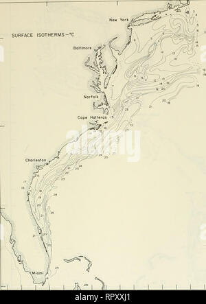 . Airborne Strahlungsthermometer Messungen von Cape Cod, Massachusetts nach Miami, Florida, Juli 1970 - Juni 1976. Die Temperatur der Ozeane - Atlantikküste (U. S.). New York OBERFLÄCHE ISOTHERMEN -°C Baltimore Abbildung 35. 80° W 75° Monatliche Oberfläche isotherme Chart, 9, 11-15 April 1973. lOOfms 40°N TCW 35° 30° 25° N 39. Bitte beachten Sie, dass diese Bilder sind von der gescannten Seite Bilder, die digital für die Lesbarkeit verbessert haben mögen - Färbung und Aussehen dieser Abbildungen können nicht perfekt dem Original ähneln. extrahiert. Fried, J. W; Reed, J. C. Washington, D.C.: United States Coast Guard, Stockfoto